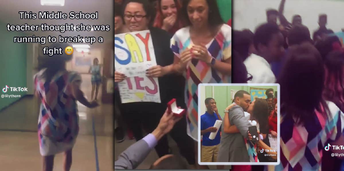 teacher running in hall then being proposed to by partner