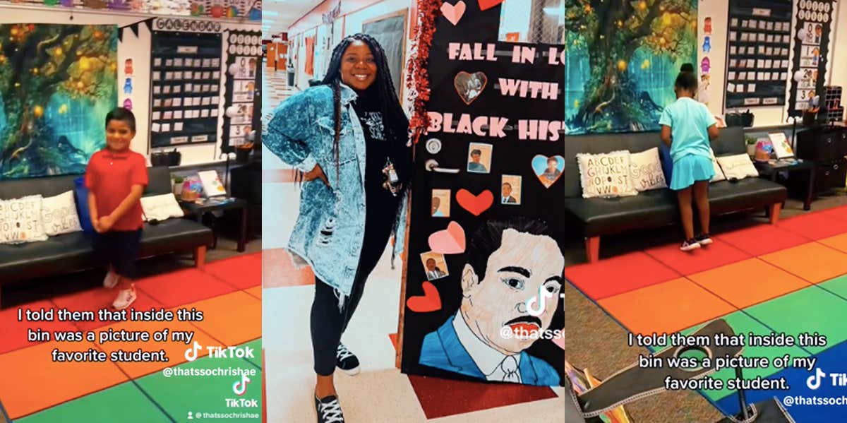 Two screenshots from Ms. Powell's Tik Tok, showing two students looking into the bin, one of them smiling at the camera. In the middle is a photo of Ms. Powell herself standing next to a decorated door done in celebration of Black History Month.