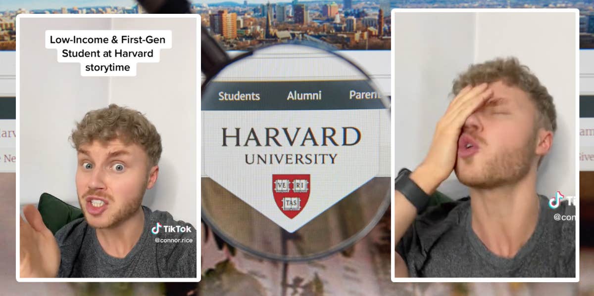 TikToker telling his story and the Harvard logo