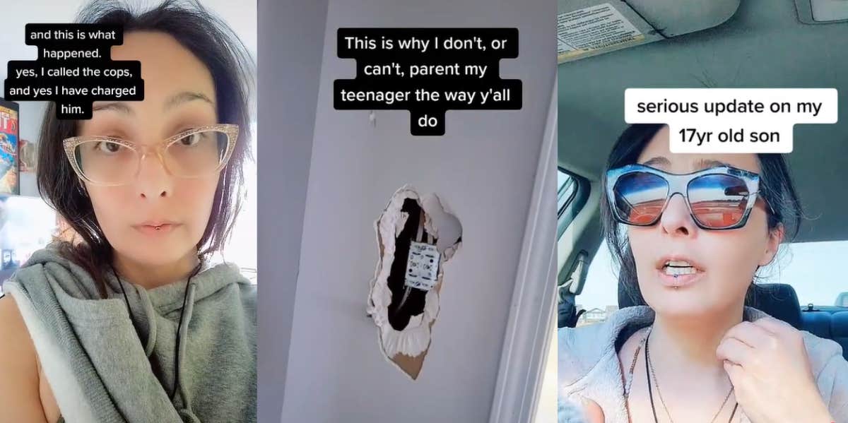 TikTok screenshots of a woman and a hole punched in a wall