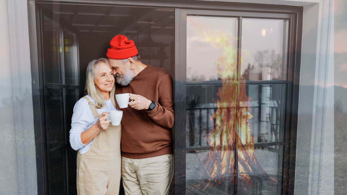 Retired couple at airbnb looking at a bonfire 