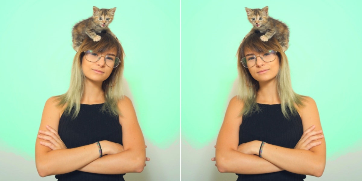 woman with kitten on her head