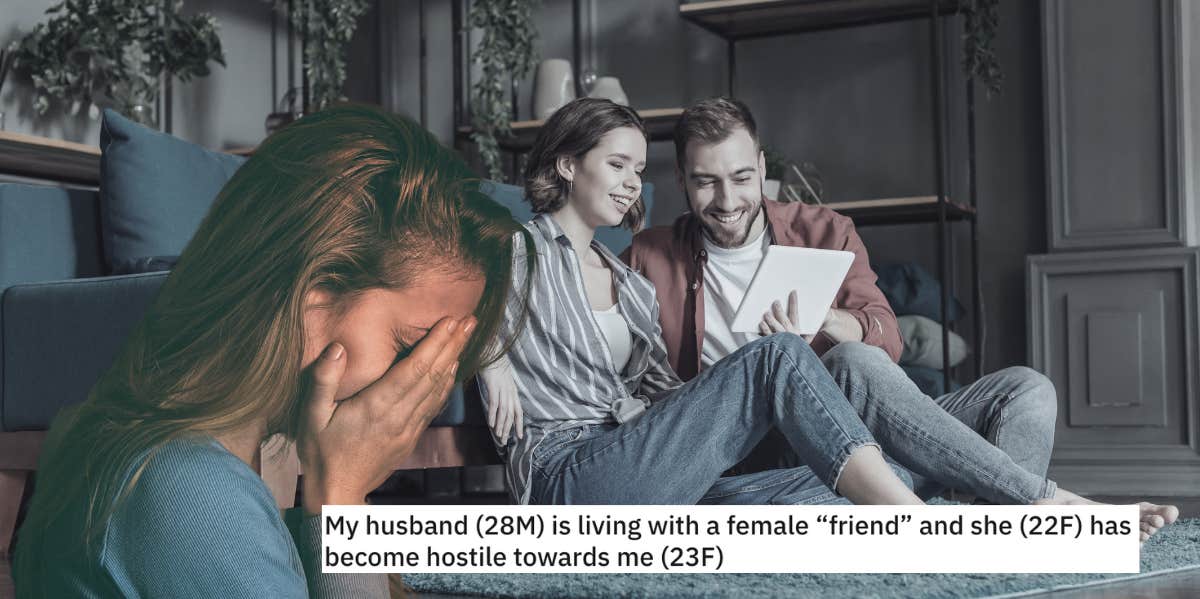 Couple sitting in living room, woman with hands over face, reddit title post