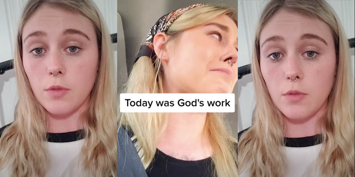 Screenshots of Brandy Hivner's Tik Tok, showing her teary reaction to seeing her mother, and her speaking calmly to the camera later.