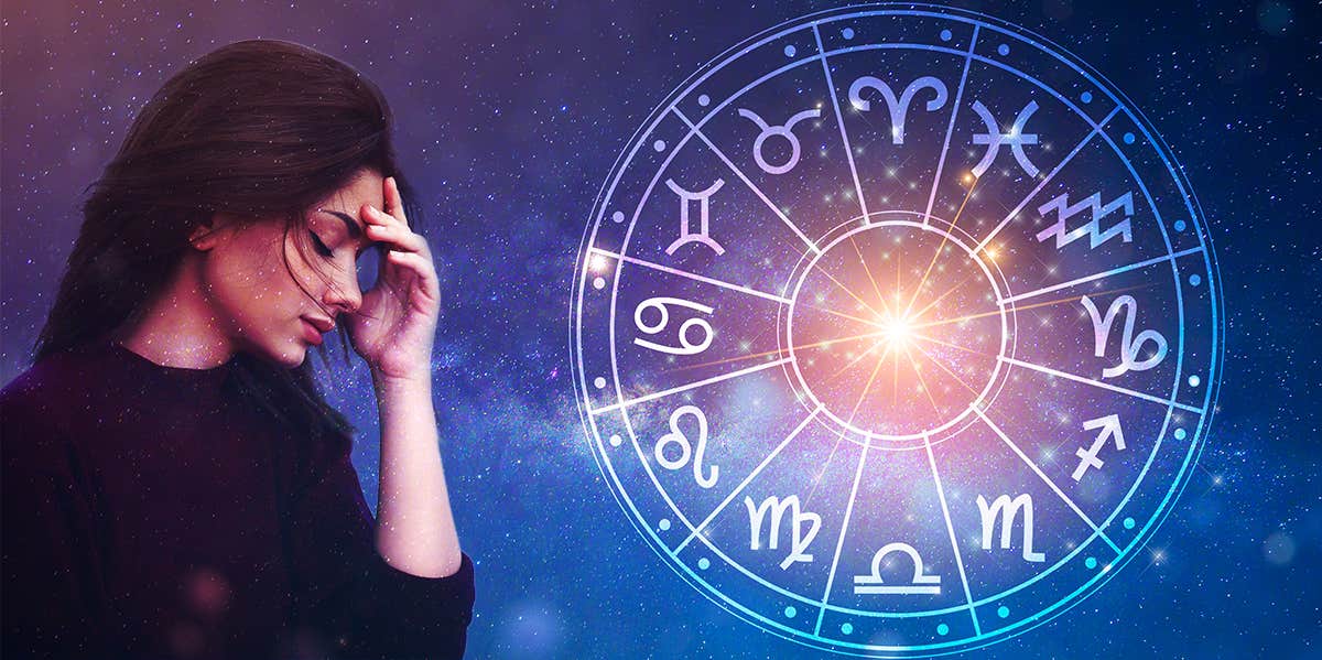 upset woman and zodiac wheel