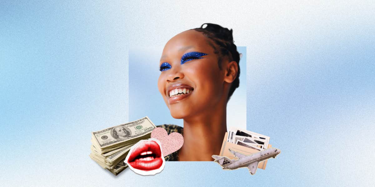 woman smiling, money, lips, plane, heart