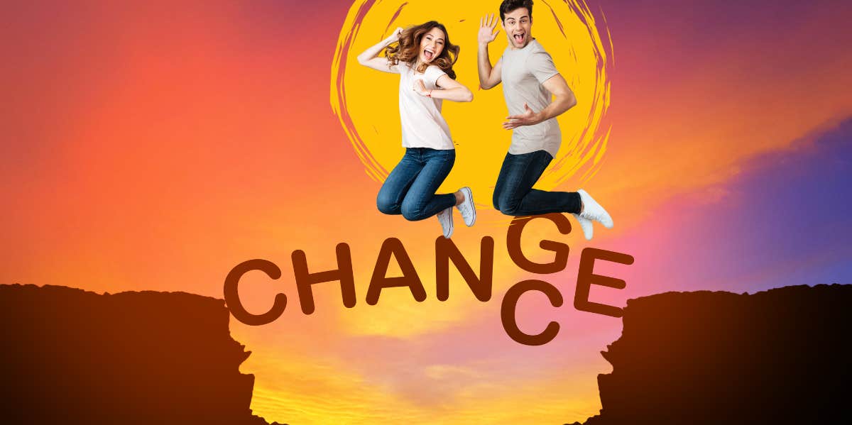 couple jumping over a change sign
