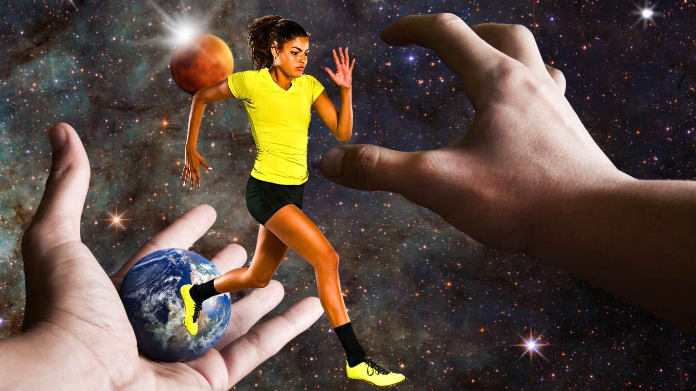 woman running in outer space