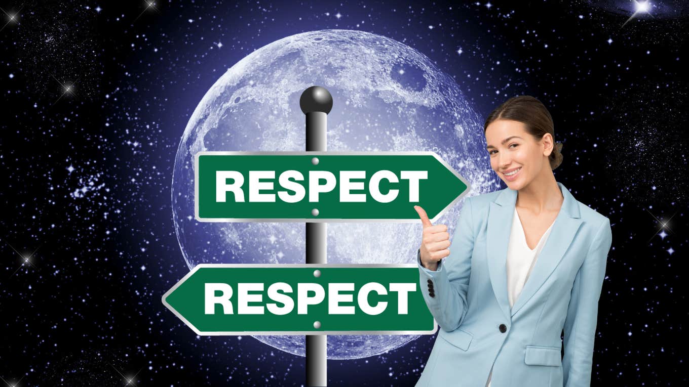 woman pointing to moon and respect sign