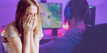 sad girlfriend crying and boyfriend playing video games