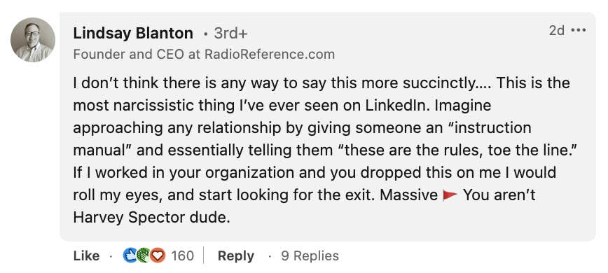 comment on Severin Hacker's LinkedIn post about his Google Doc to tell workers how to work with him