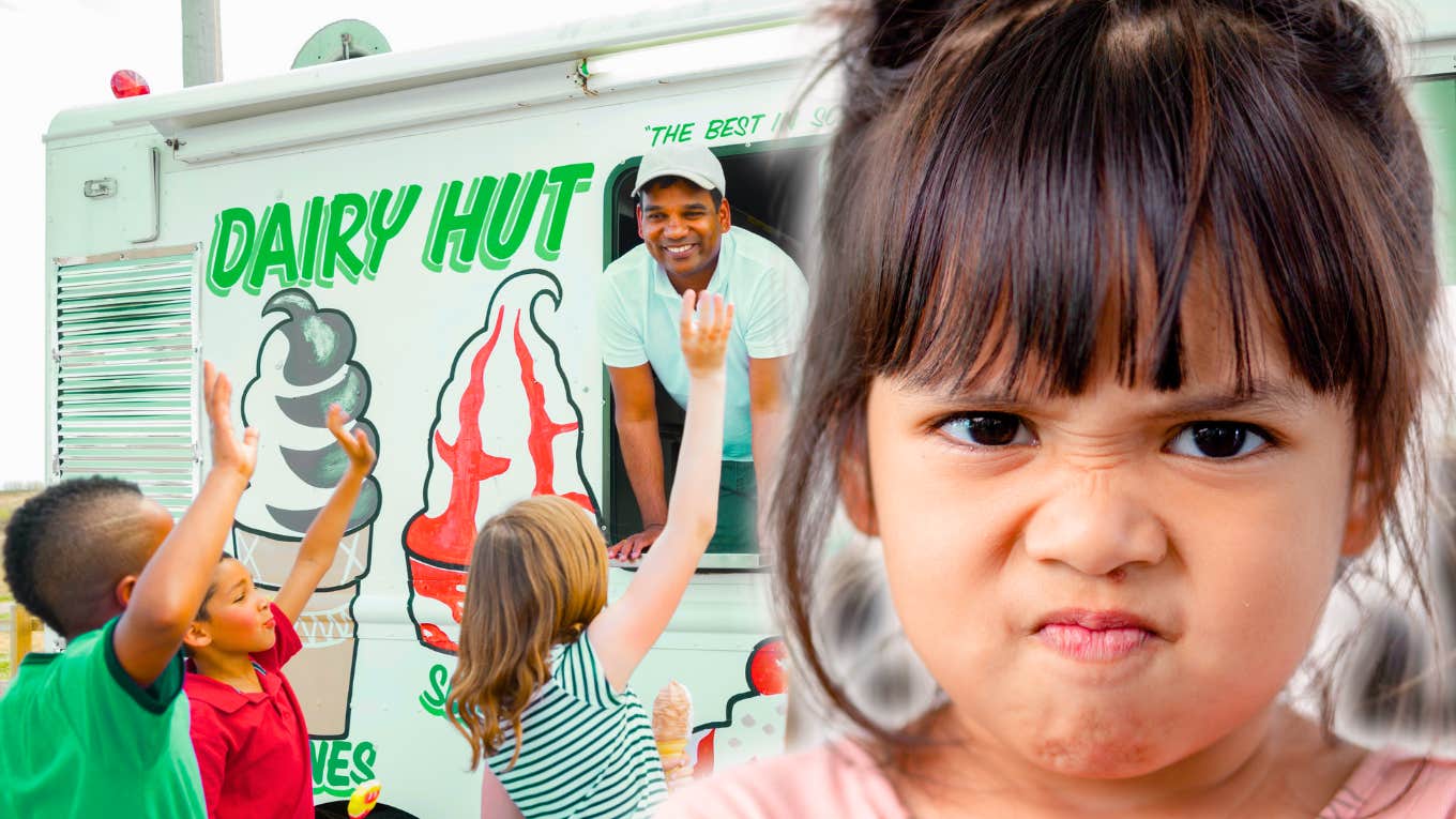 angry little girl at ice cream truck