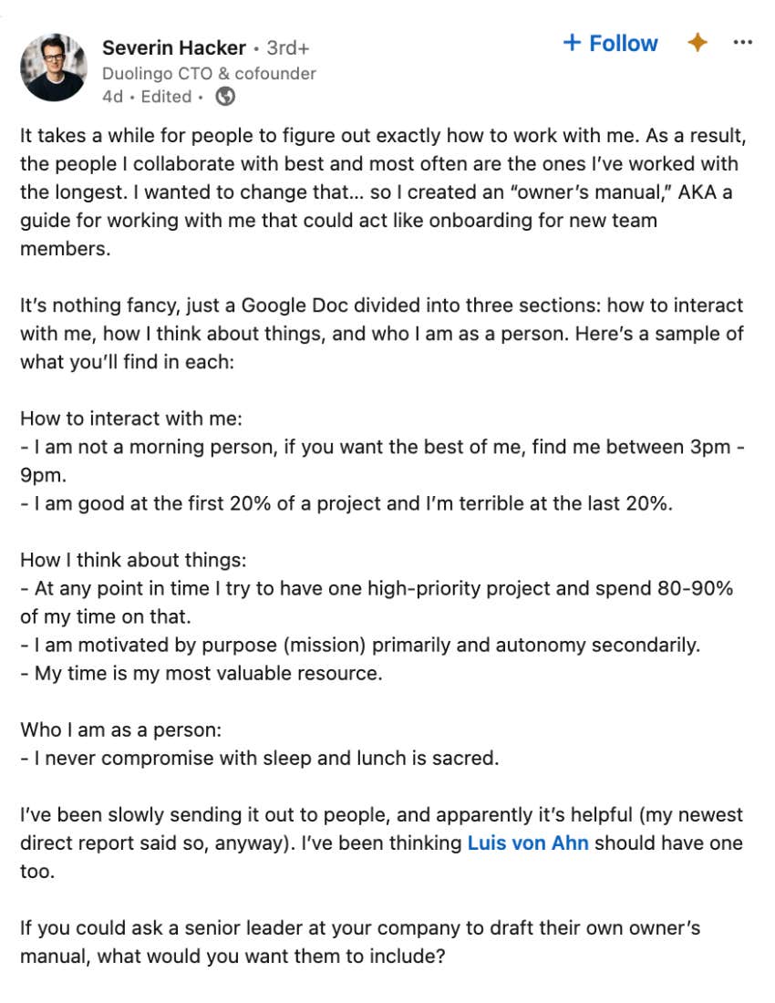 Duolingo CTO Severin Hacker's LinkedIn post about having a Google Doc to tell worker how to work with him