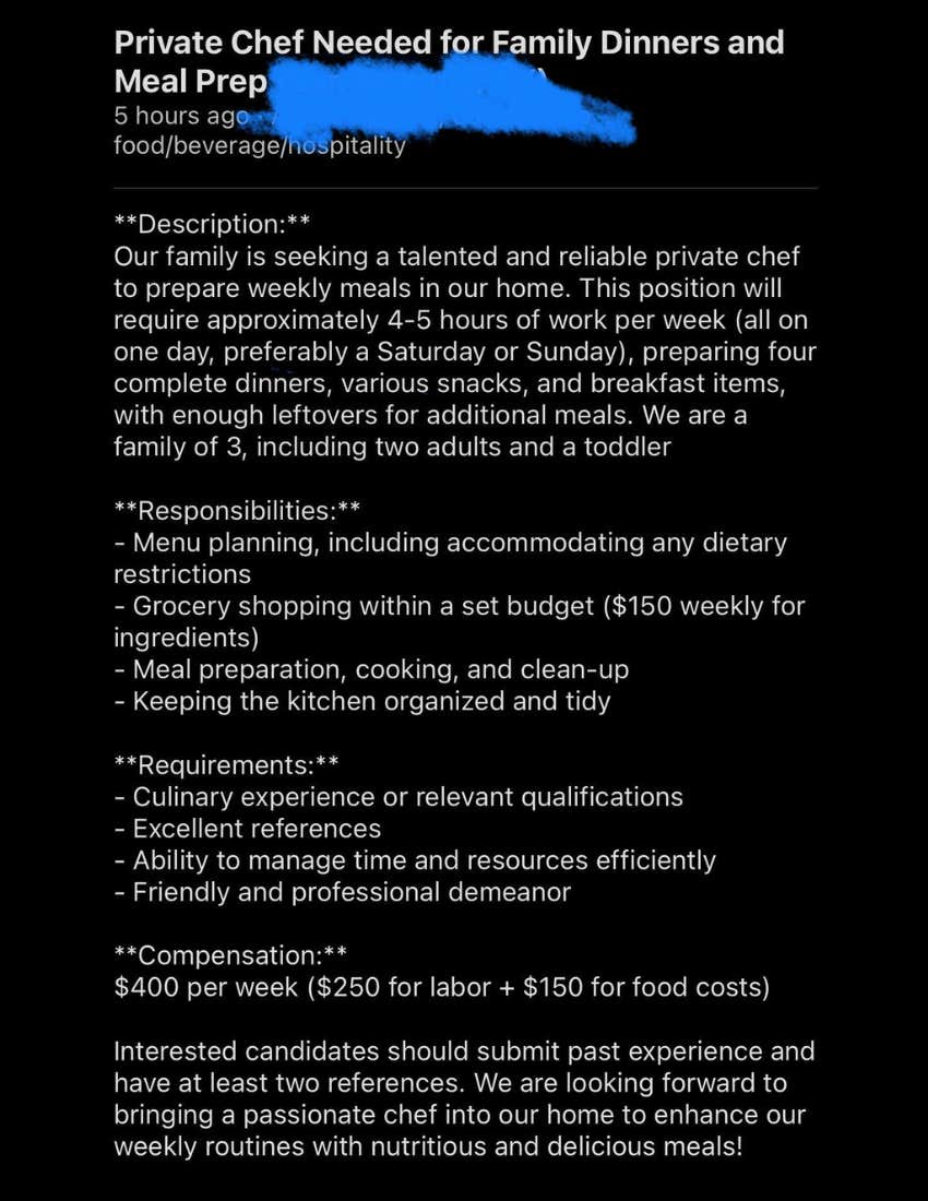 craigslist ad in which family tried to hire a private chef for $250 a week