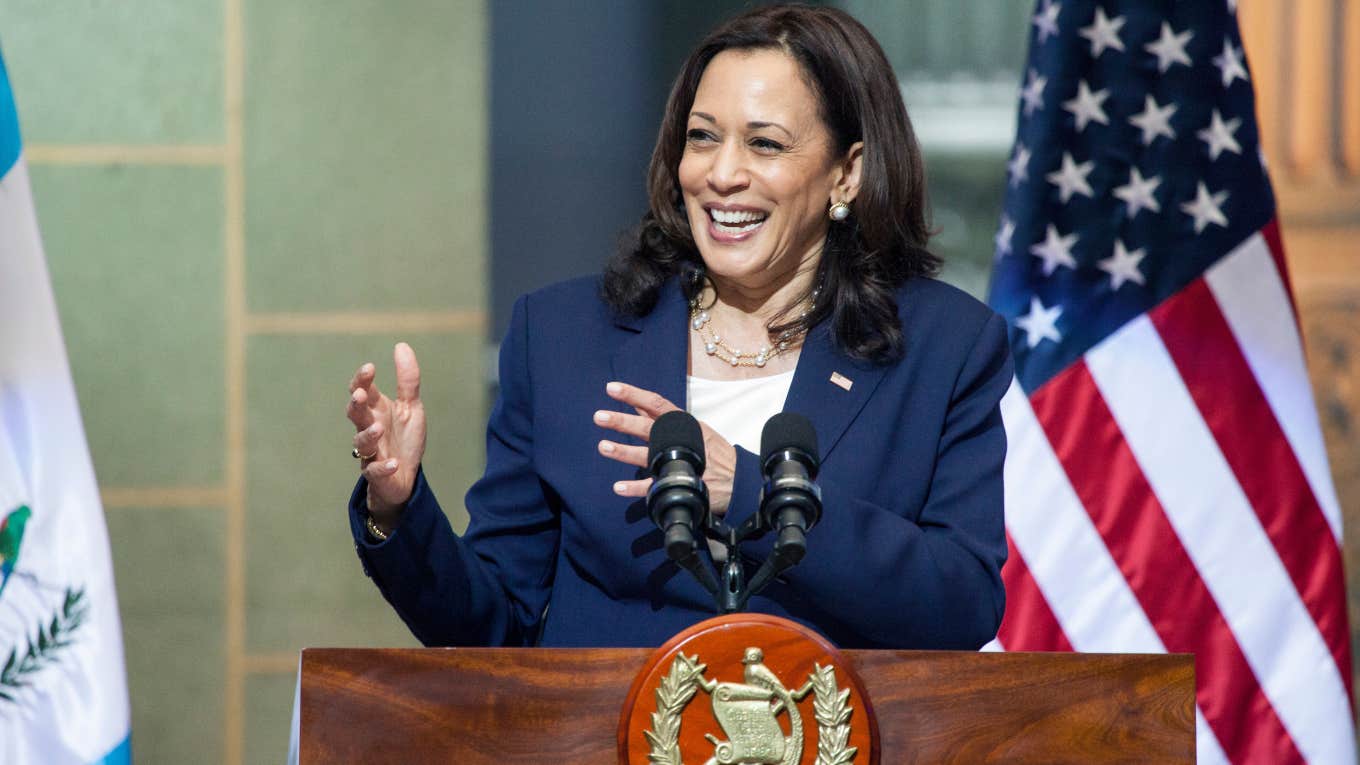 Kamala Harris speaking at a press conference