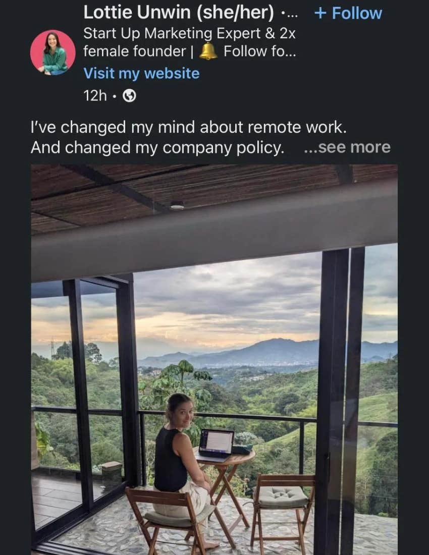 screenshot of lottie unwin's linkedin post about why she changed her mind about remote work