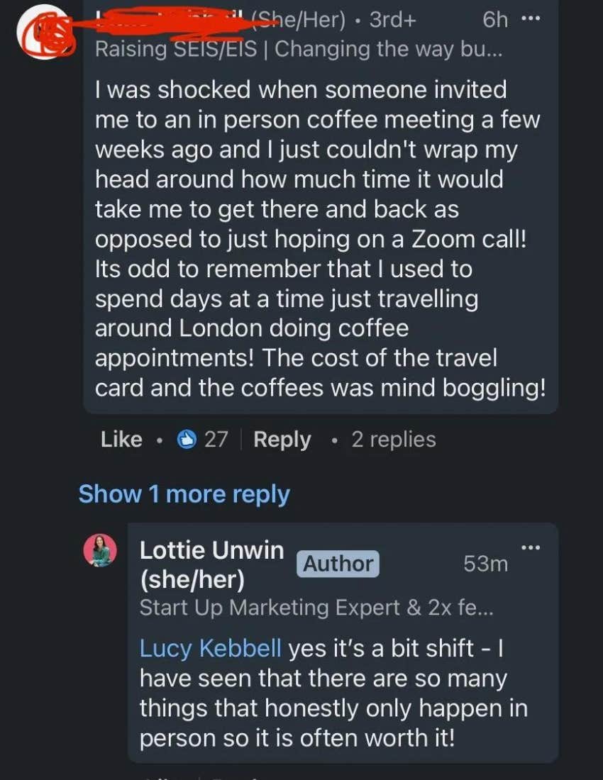 screenshot of comments on lottie unwin's linkedin post about why she changed her mind about remote work