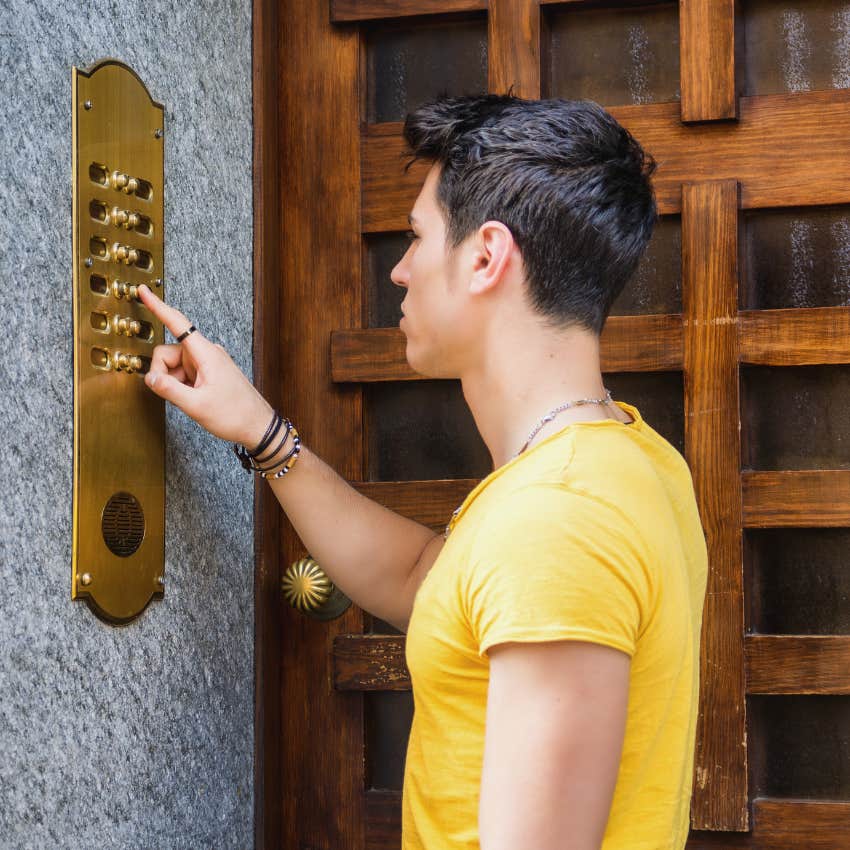 High school student ringing teacher's doorbell. 