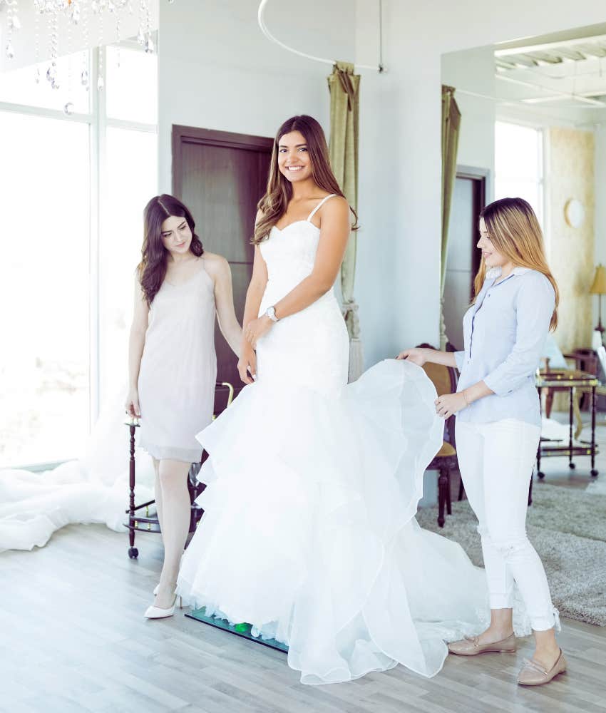 Wedding dress shopping with bridal party