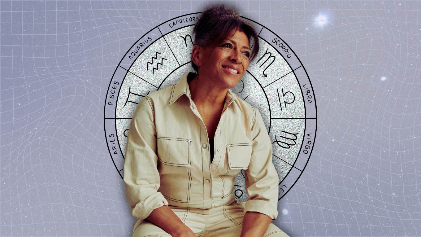 woman with powerful horoscope in front of zodiac wheel