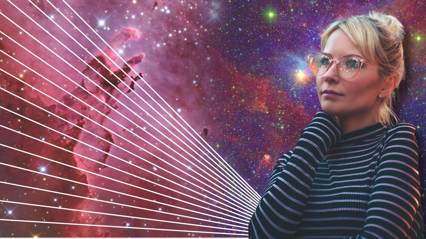 woman in front of galaxy