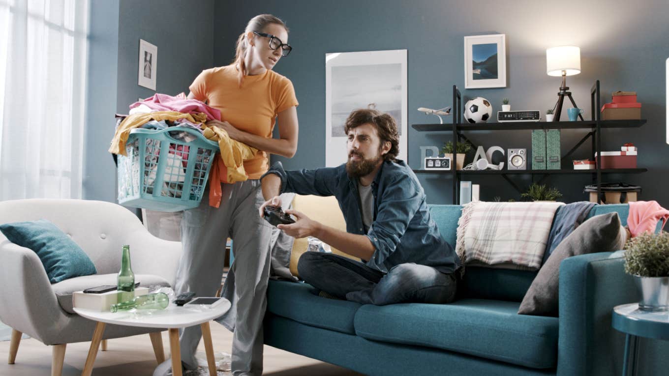 mom does laundry and cleans after husband playing video games