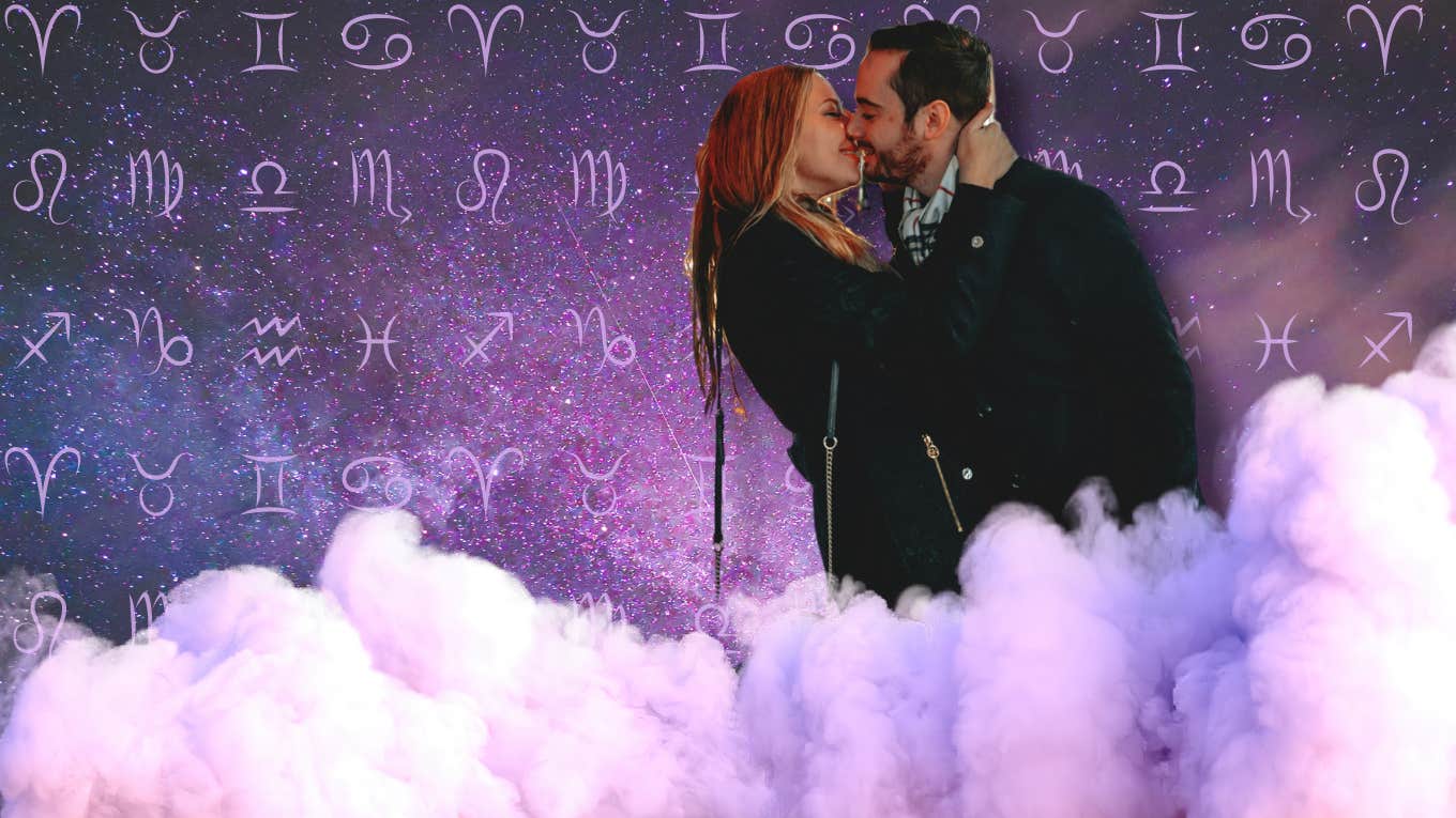 couple kissing in clouds in front of zodiac sign
