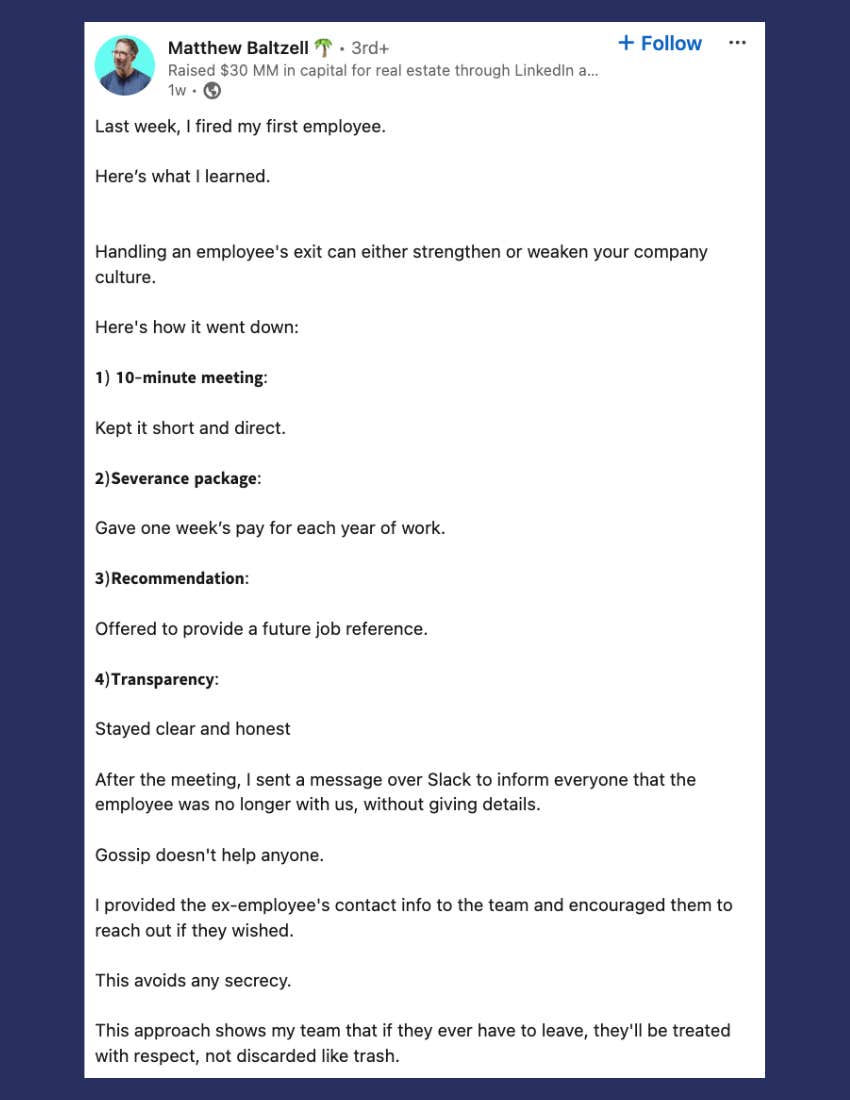 boss' linkedin post about having fired his first employee