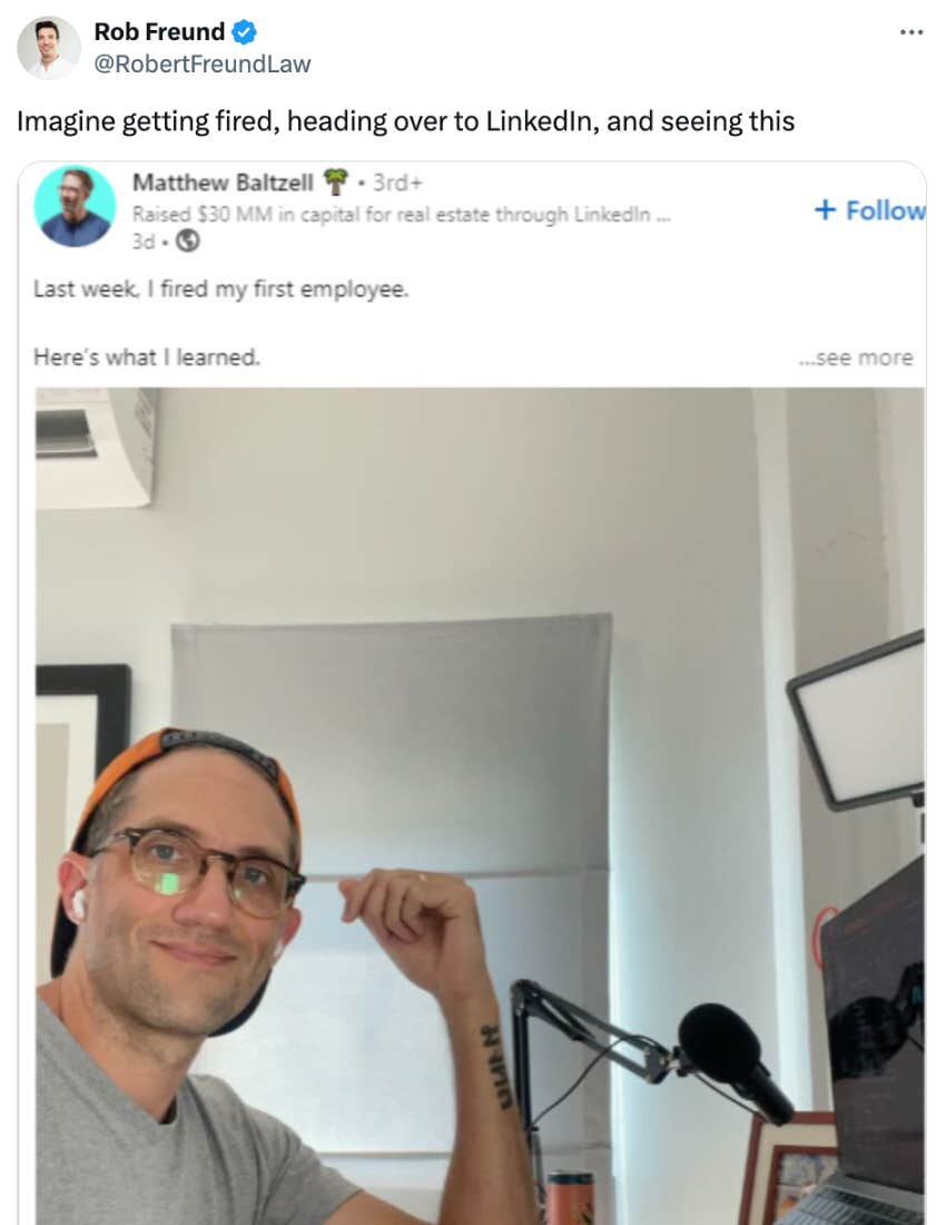 tweet about boss' linkedin post talking about having fired his first employee