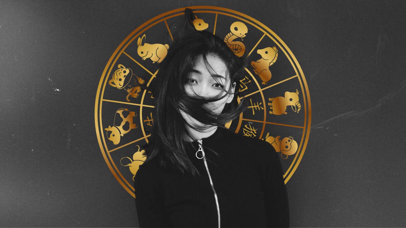 woman with chinese zodiac signs behind her