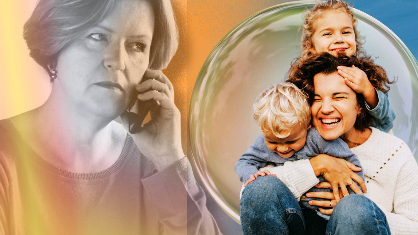 Adult woman keeping her children in a bubble away from grandparent 