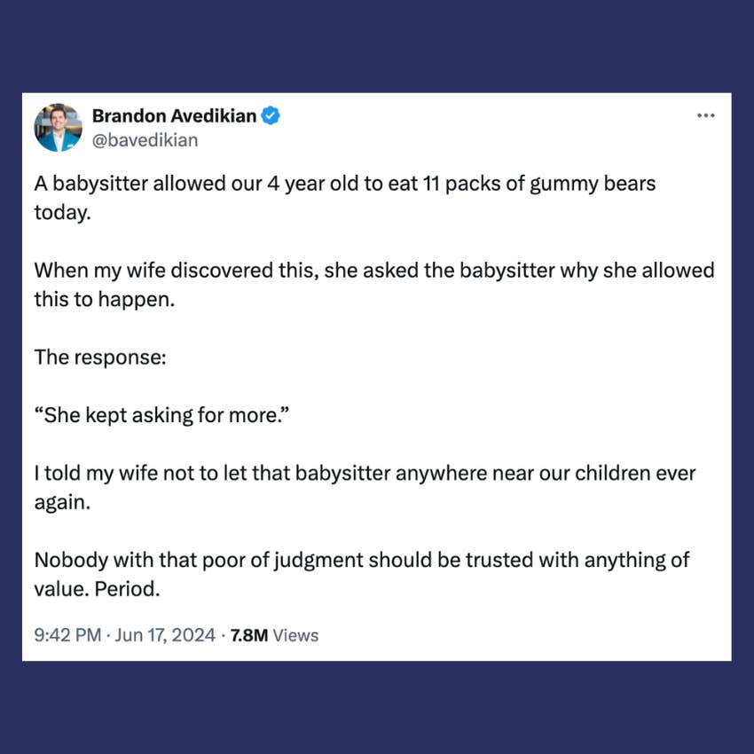 X post tweet from dad whose babysitter let his kid eat 11 packs of gummy bears