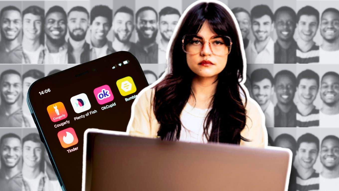 unamused woman sitting on dating apps, going on 57 first dates in a year 