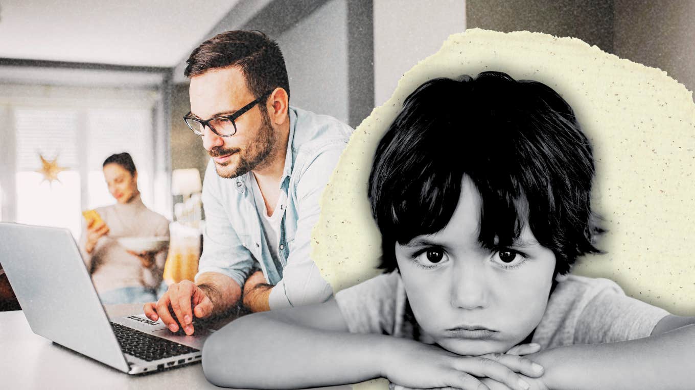 Confused child laying on hands while parents both work remotely behind him