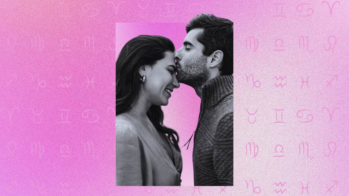 couple kissing in front of zodiac signs for july 2024 love horoscopes