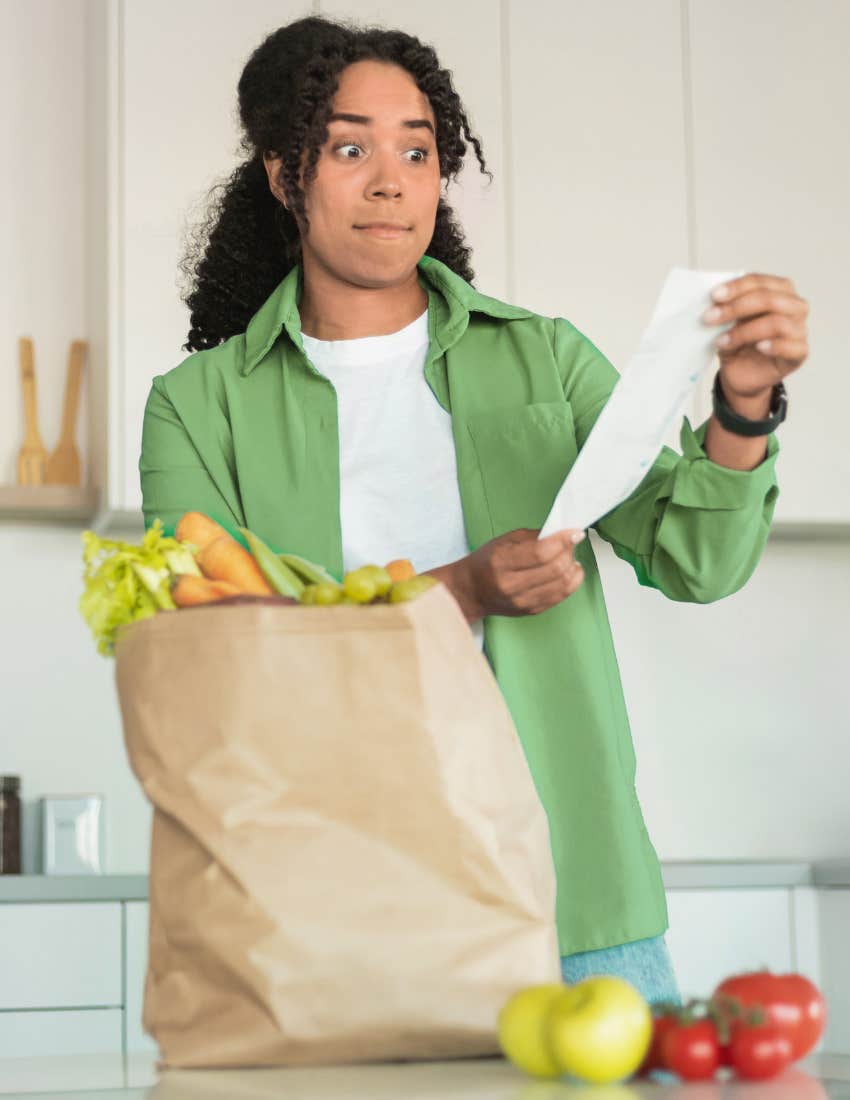 woman shocked by grocery prices