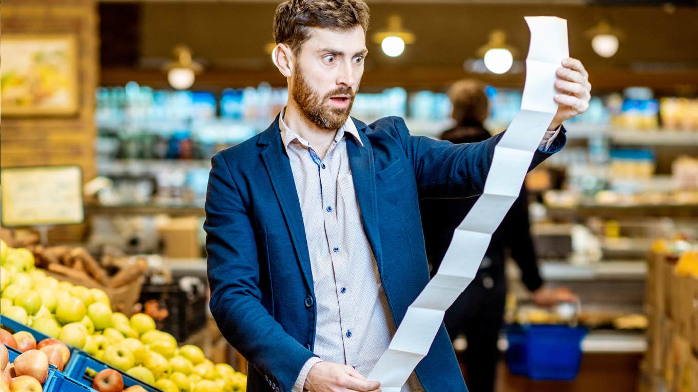 man shocked that his groceries cost four times as much