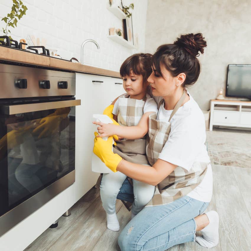 mom and toddler cleaning