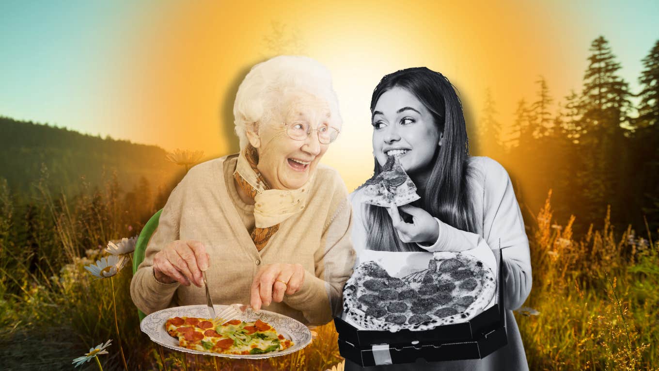 Daughter and mother sharing memories and pizza, before dignified death