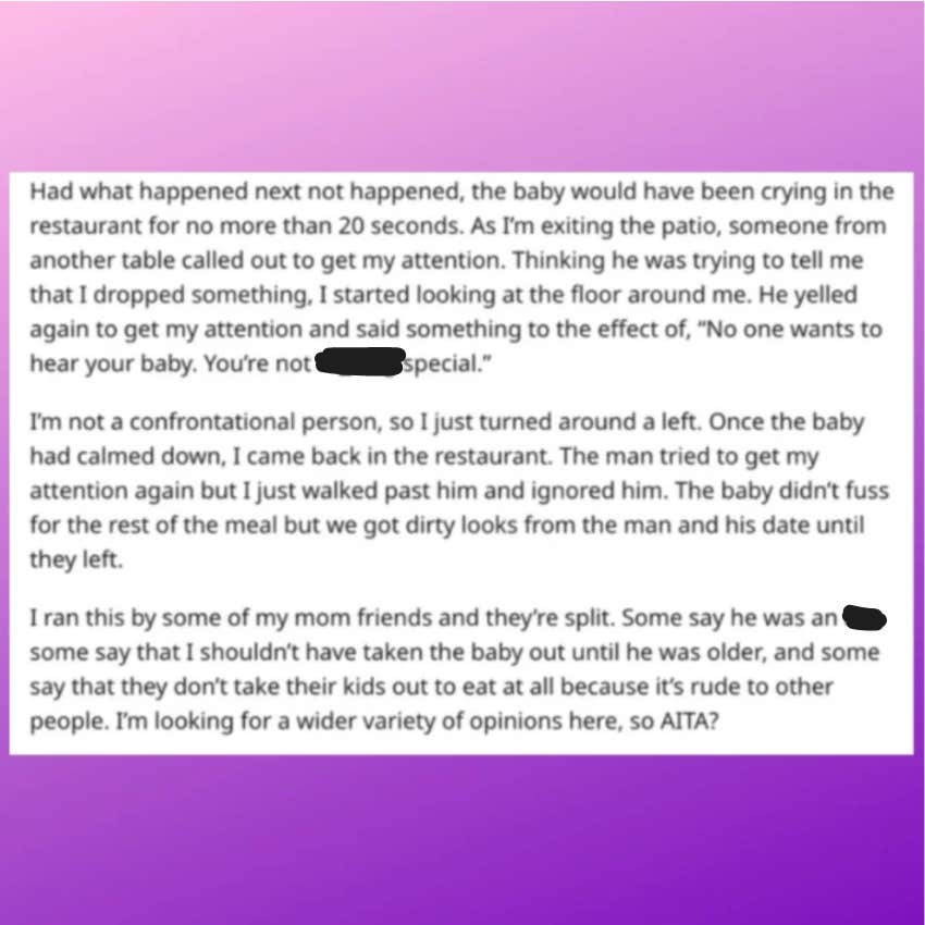 new mom explains man yeliing crying baby restaurant reddit