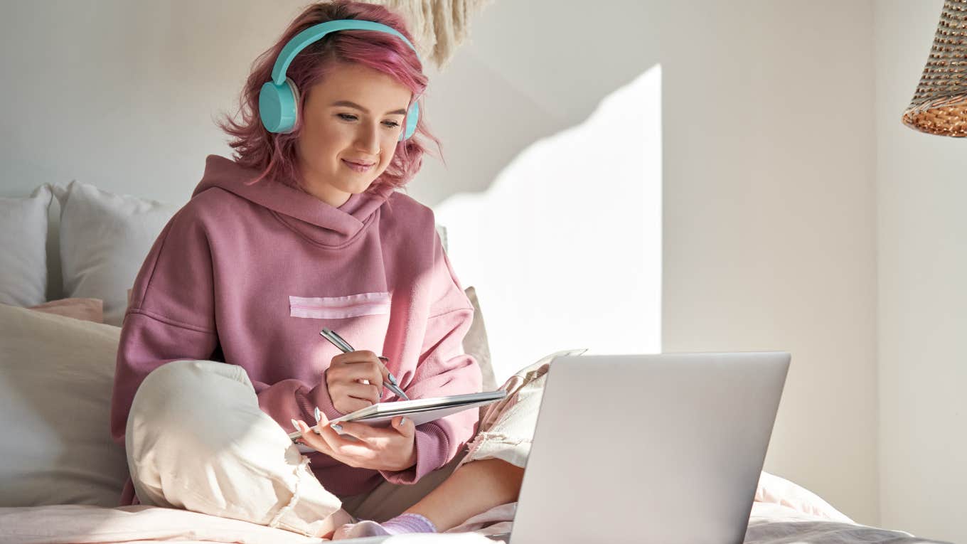 Salaried employee working from her bed. 