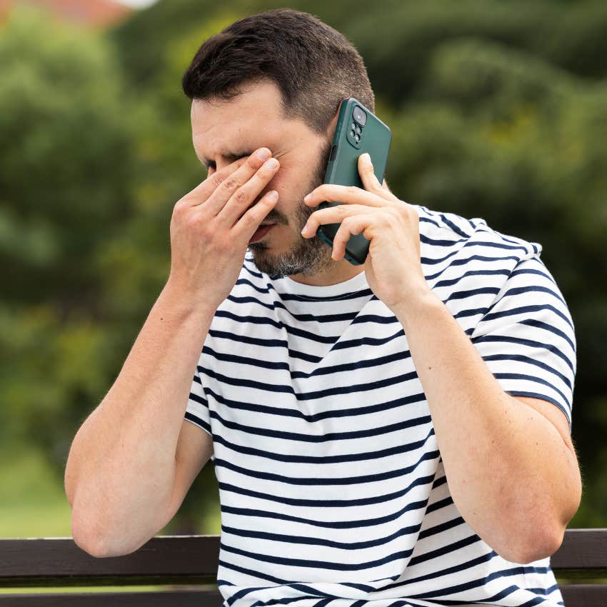 Stressed teenager calling the bank about his savings account. 