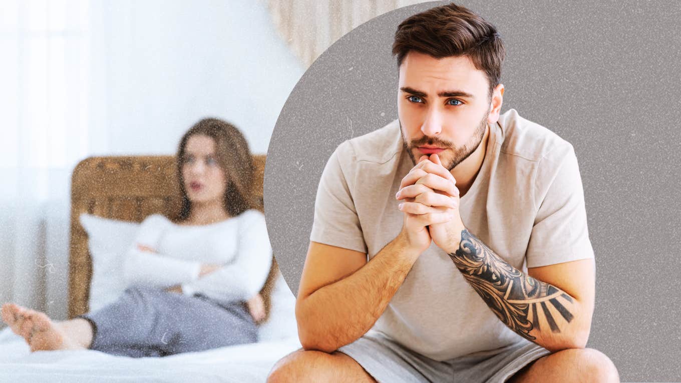 Husband sitting at the edge of bed, broken heart after learning his wife is cheating 