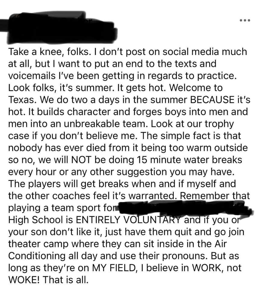 post about football coach won't give water breaks