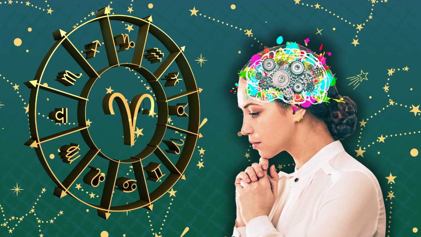 woman thinking next to zodiac sign wheel