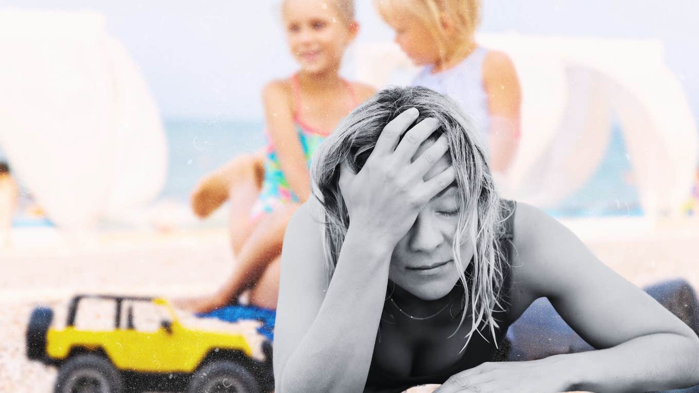 Woman finding parenting disappointing while trying to relax on beach 