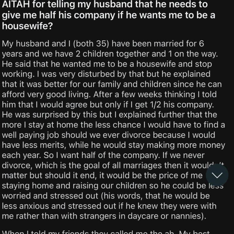 reddit aita post wife telling husband to give her half of his company