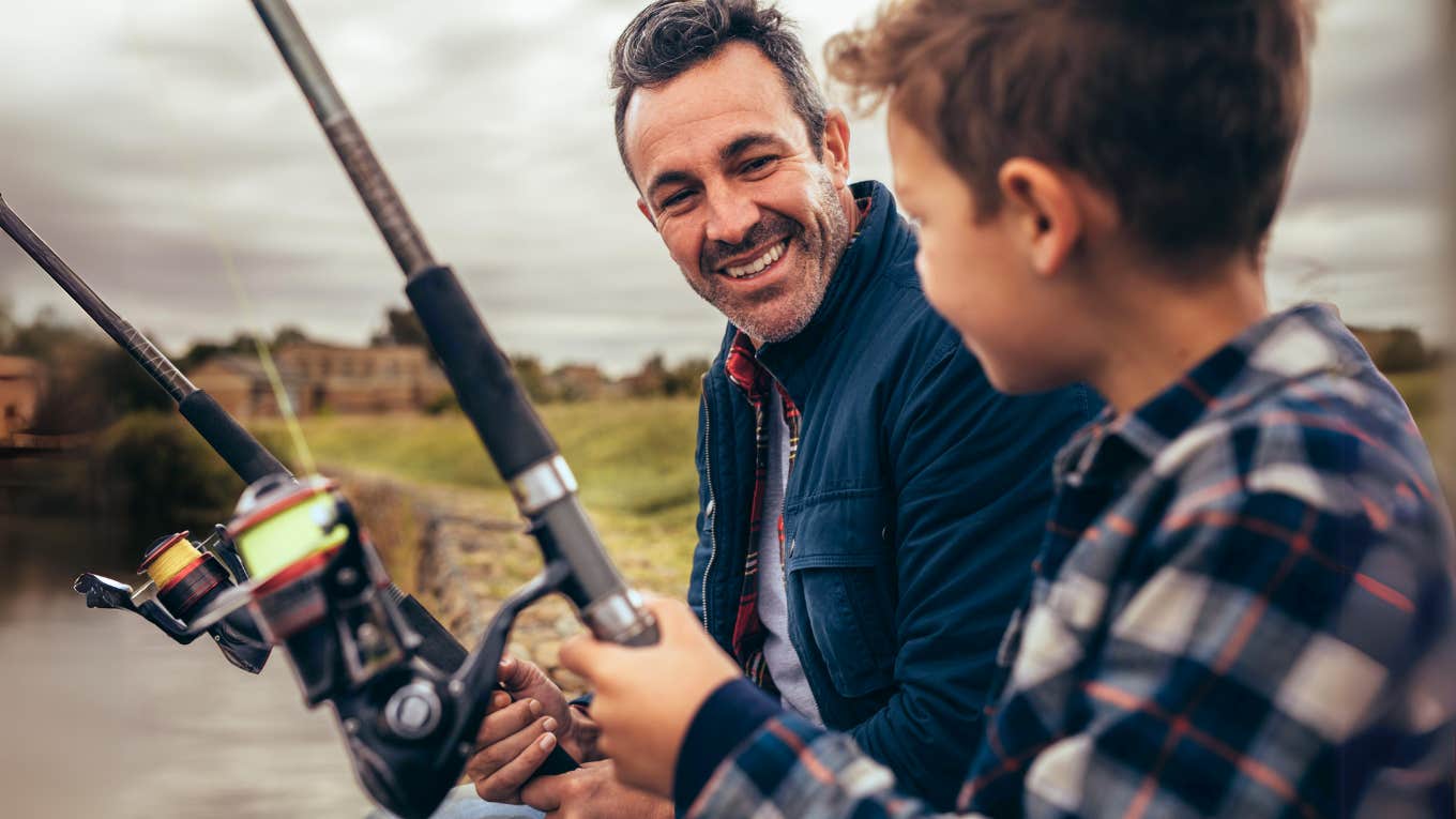 Man being present in his sobriety, fishing with his son on fathers day