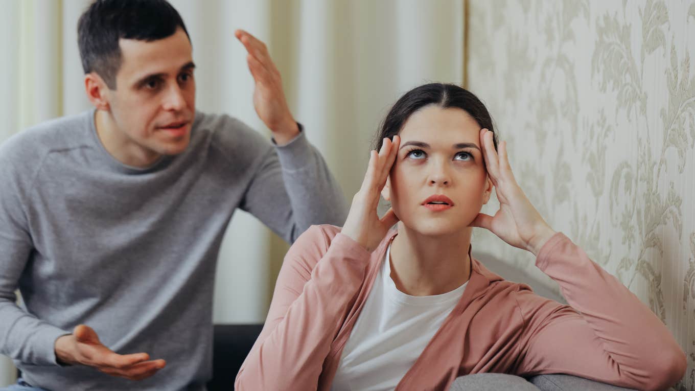 man and woman arguing, frustrated with each other