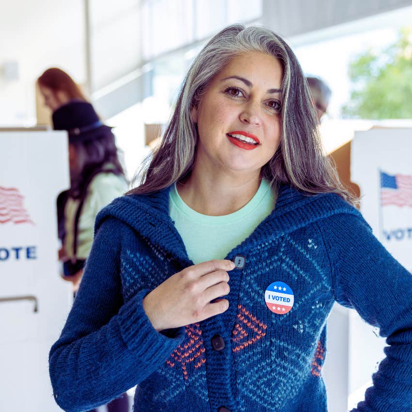 woman wearing an I Voted sticker